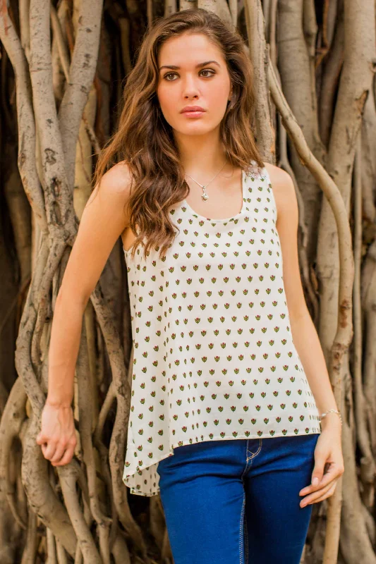 - ​​Pet toys under    yuanGeraniums Sleeveless Floral Print Cotton Blouse with High-Low Hem
