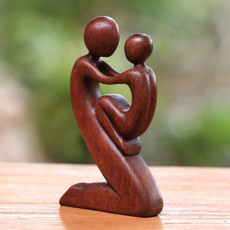 ---Playful Father Suar Wood Father and Child Sculpture from Bali