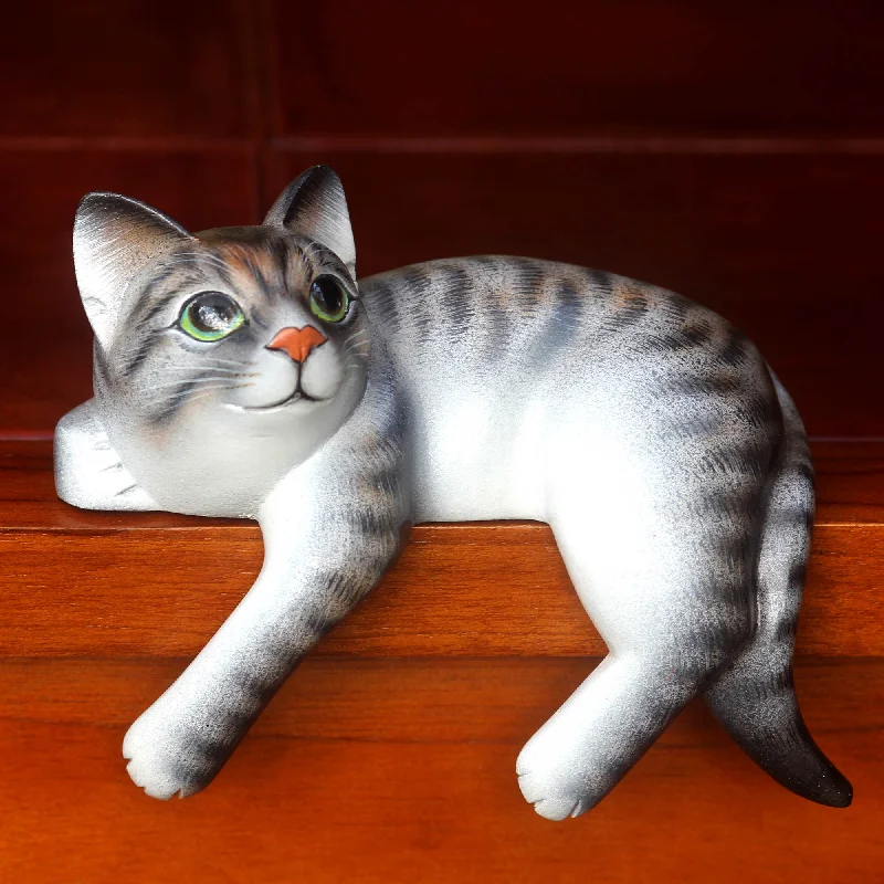 - Summer pet ice matTabby Cat Relaxes Signed Balinese Tabby Cat Sculpture