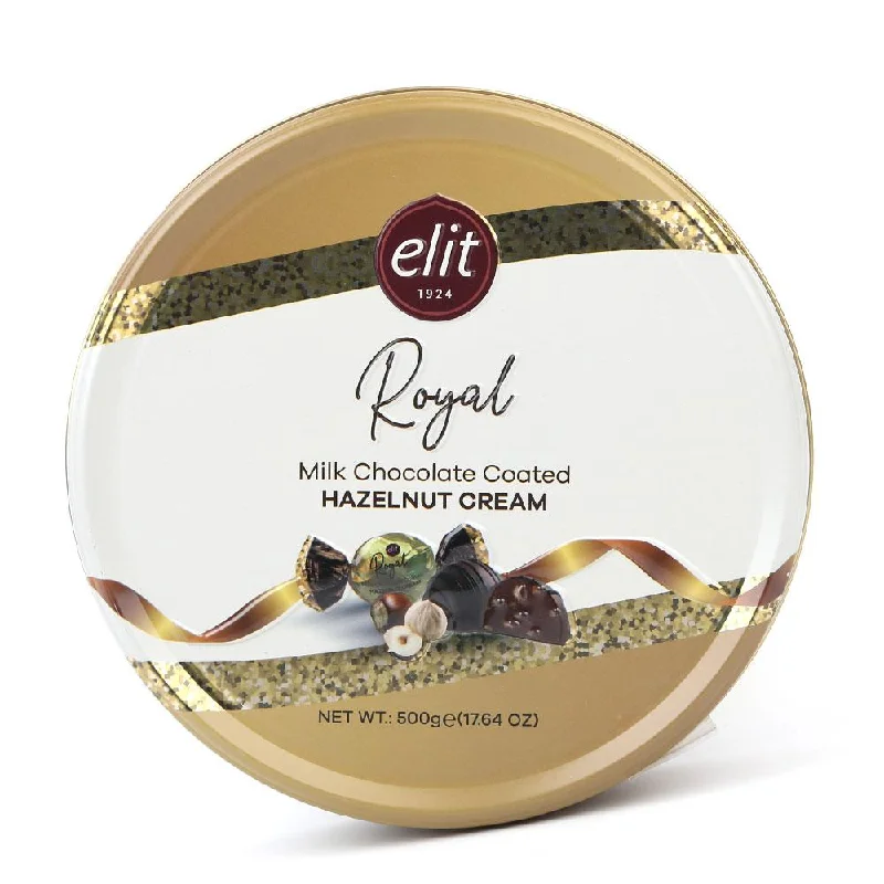 ---ELIT ROYAL MILK CHOCOLATE COATED HAZELNUT CREAM TIN 500 GM