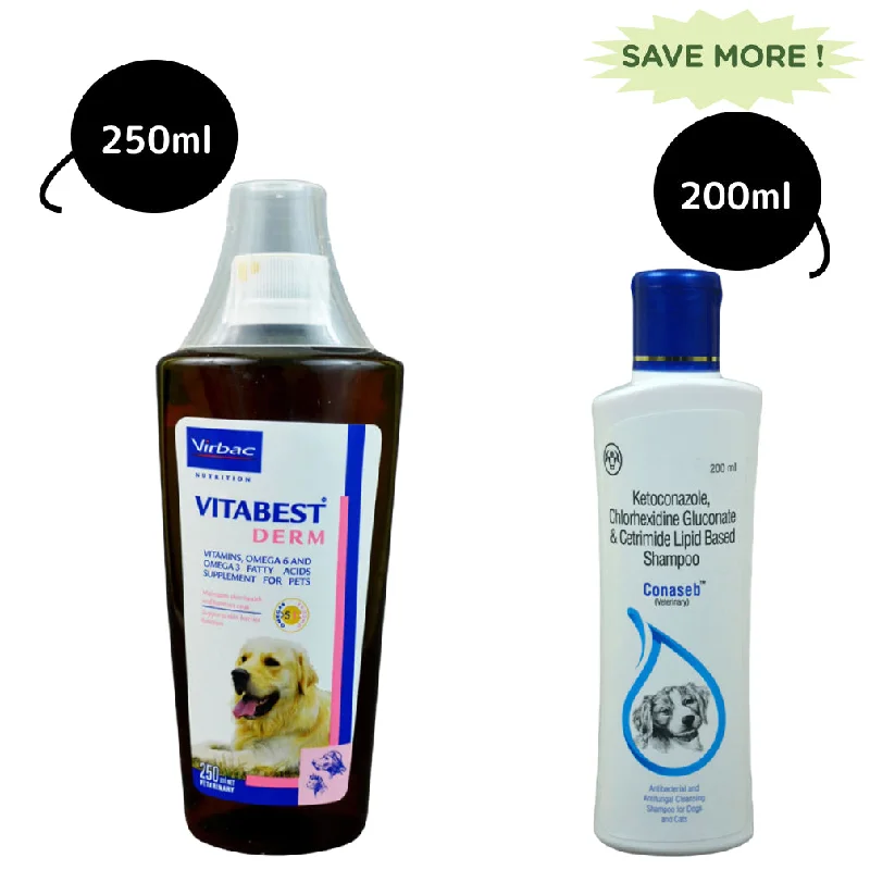 - Car dog seat beltVirbac Vitabest Derm Omega 3+6 Syrup (250ml) and Intas Conaseb Shampoo (200ml) for Dogs & Cats Combo - Car dog seat beltVirbac Vitabest Derm Omega 3+6 Syrup (250ml) and Intas Conaseb Shampoo (200ml) for Dogs & Cats Combo