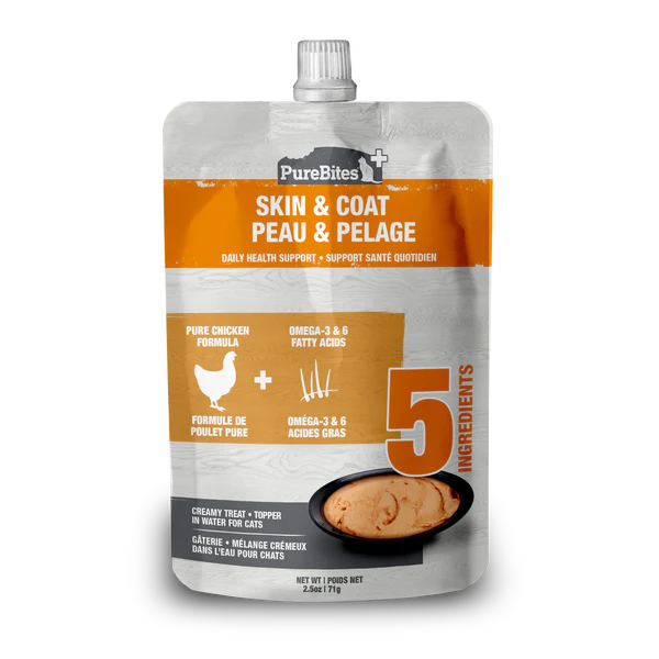    - Chicken flavor cat food  PureBites Cat Squeezables Skin & Coat