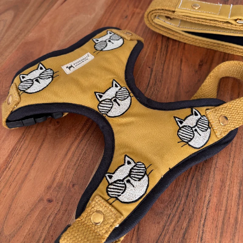 PoochMate Mustard Kitties Dog Harness & Lead Set
