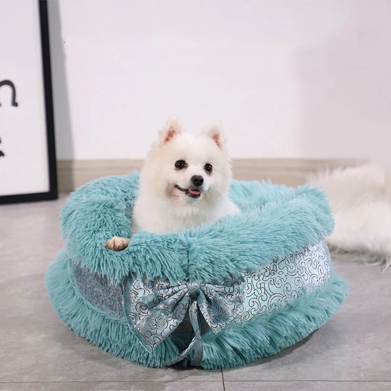 Luxury Bowknot Fluffy Round Dog Bed