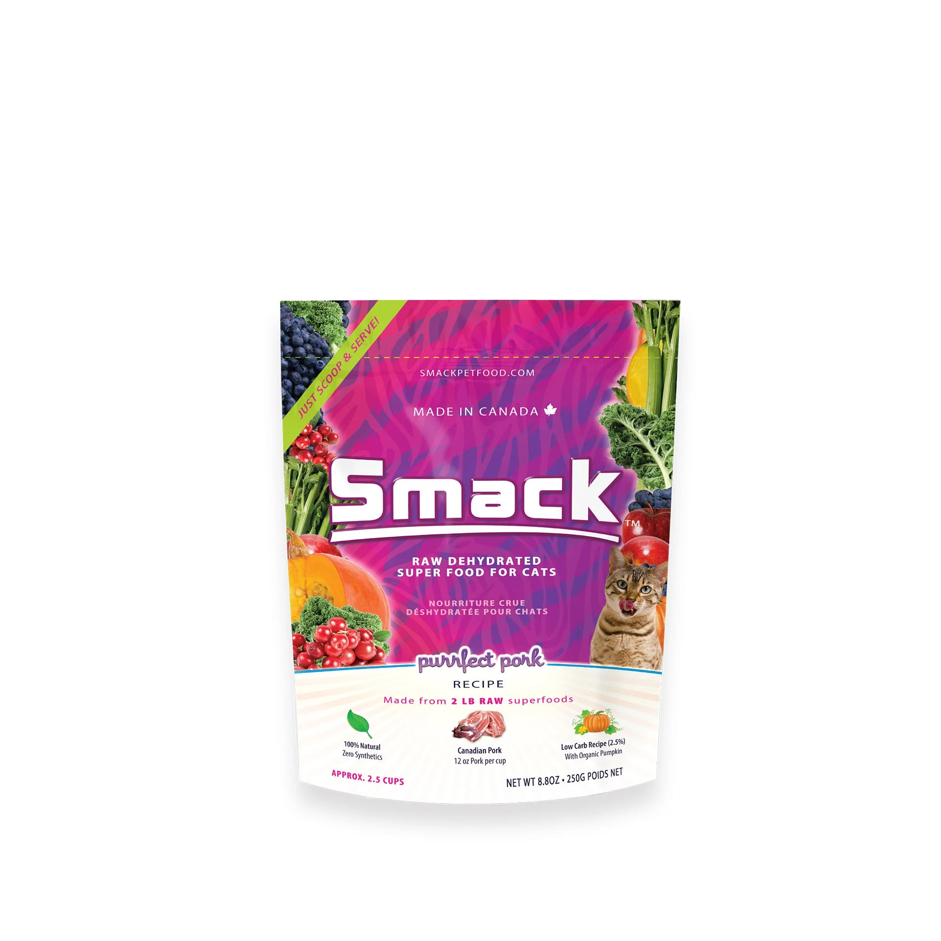   - Hairball control cat food  Smack Cat Purrfect Pork Dehydrated Raw CLEARANCE FINAL SALE