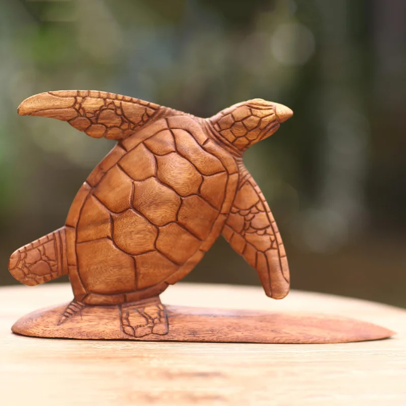 ---Surfer Turtle Hand Carved Wood Sculpture Turtle on Surf Board from Bali
