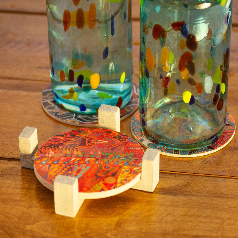 - Automatic induction pet water dispenserRound Huichol Four Round Multicolored Mexican Pinewood Decoupage Coasters