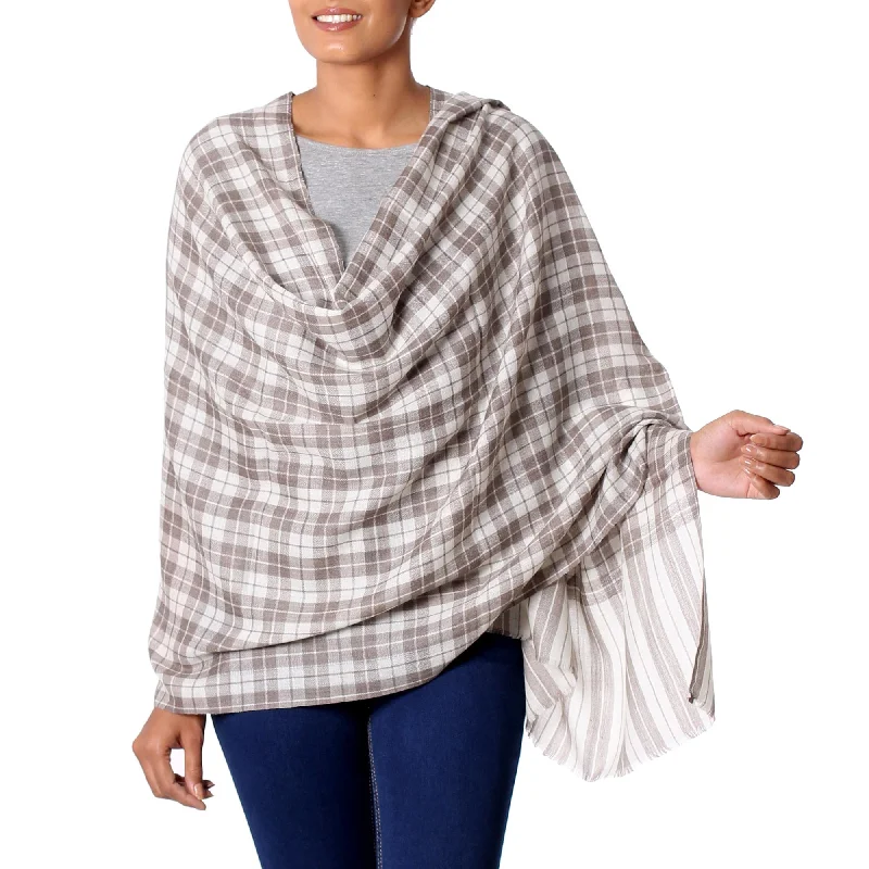 -Explosion-proof leash FOR LARGE dogsSalient Paths Wool Shawl from India Grey Checkered Pattern over Cream -Explosion-proof leash FOR LARGE dogsSalient Paths Wool Shawl from India Grey Checkered Pattern over Cream