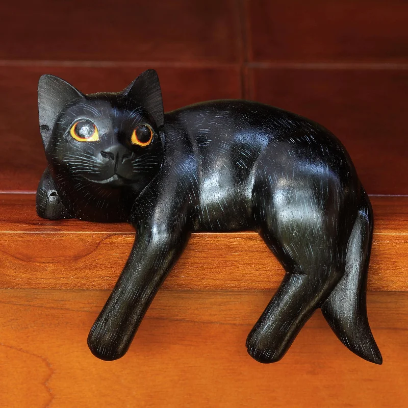 - Custom pet birthday cakeBlack Cat Relaxes Signed Balinese Black Cat Sculpture
