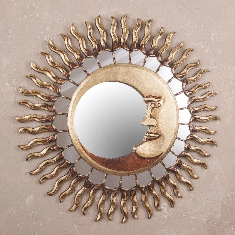 ---Cuzco Eclipse Sun and Moon Themed Bronze Leaf Wood Wall Mirror