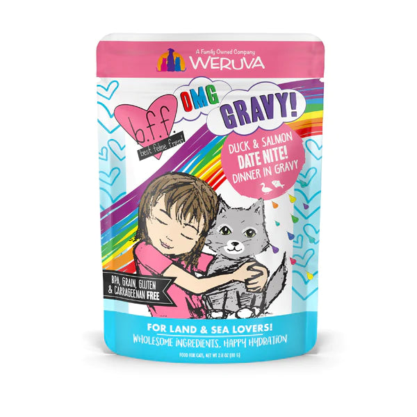    - Outdoor cat food  BFF Pouch Duck & Salmon Date Nite