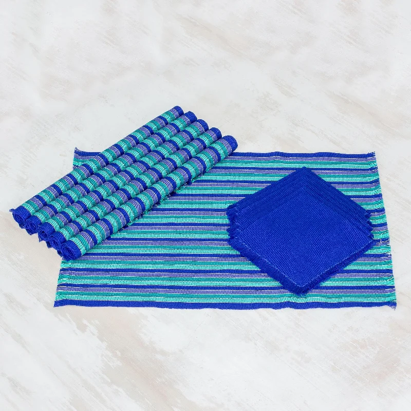 ---Colors of the Sea Set of 6 Cotton Placemats and Napkins in Blue from Guatemala