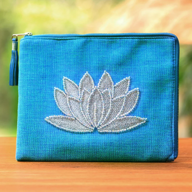 ---God's Grace in Sky Blue Floral Embellished Jute Coin Purse in Sky Blue from Java