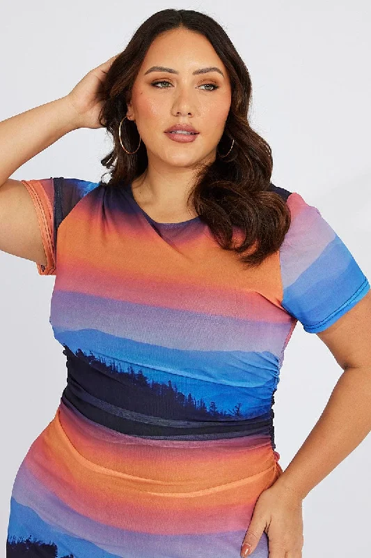 Multi Abstract Bodycon T-shirt Landscape Midi Dress