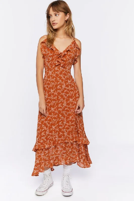 Forever 21 Women's Ruffled Ditsy Floral Maxi Long Dress Rust/Multi