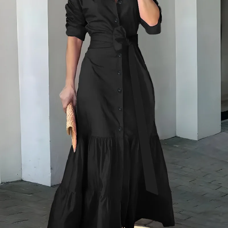 Sixsr Solid Button Front Belted Dress, Elegant Ruched Sleeve Ruffle Trim Maxi Dress, Women's Clothing