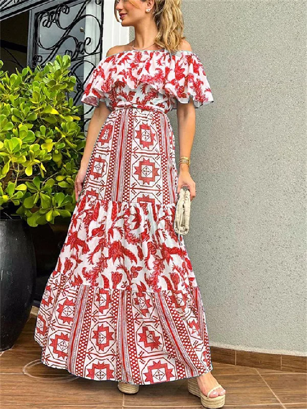 Spring and Summer Women's Sexy One-piece Collar High Waist Bohemian Print Dress Female