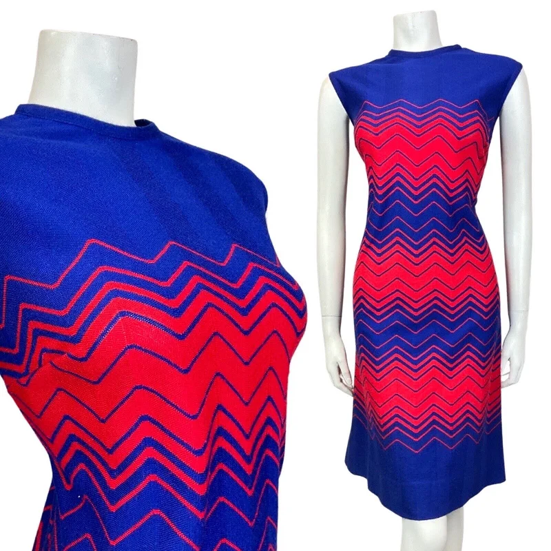 VINTAGE 60s 70s BLUE RED ZIG-ZAG GEOMETRIC SLEEVELESS MOD KNIT DRESS 12 14