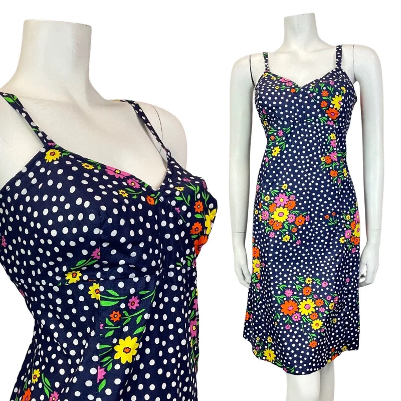 VINTAGE 60s 70s BLUE WHITE RED YELLOW POLKA-DOT DAISY FLORAL SUMMER SUN DRESS 10