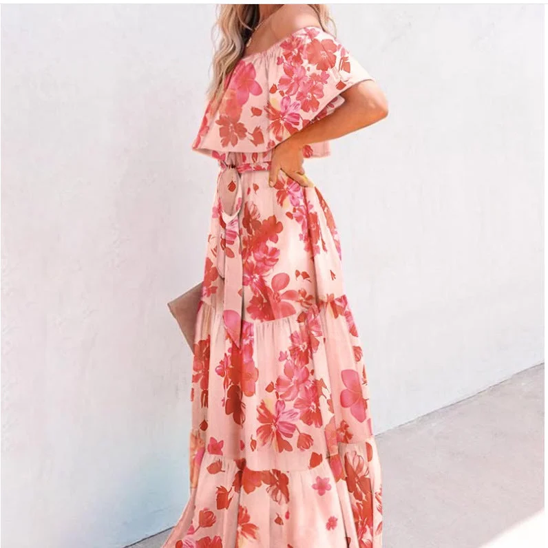 Women's Chest-wrapped Floral-print Off-shoulder Large Swing Dress Dresses