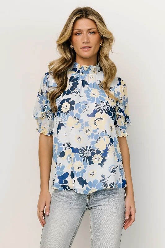 Lisa Ruffle Sleeve Top | Blue Floral