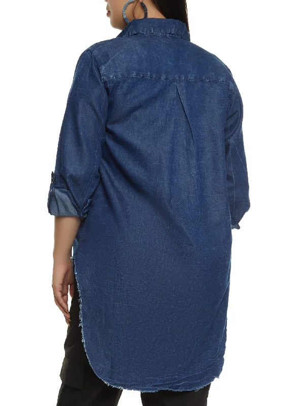 Plus Size Graphic Print High Low Denim Shirt