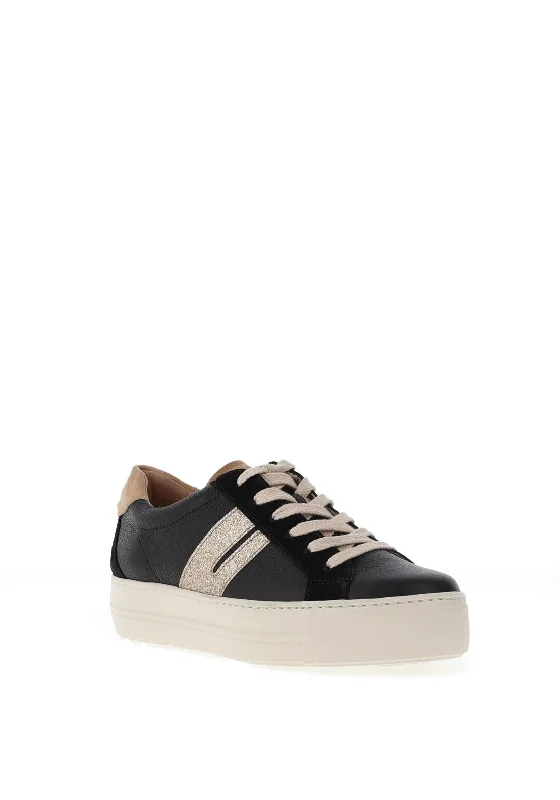 Paul Green Suede Leather Combo Laced Trainers, Black & Gold