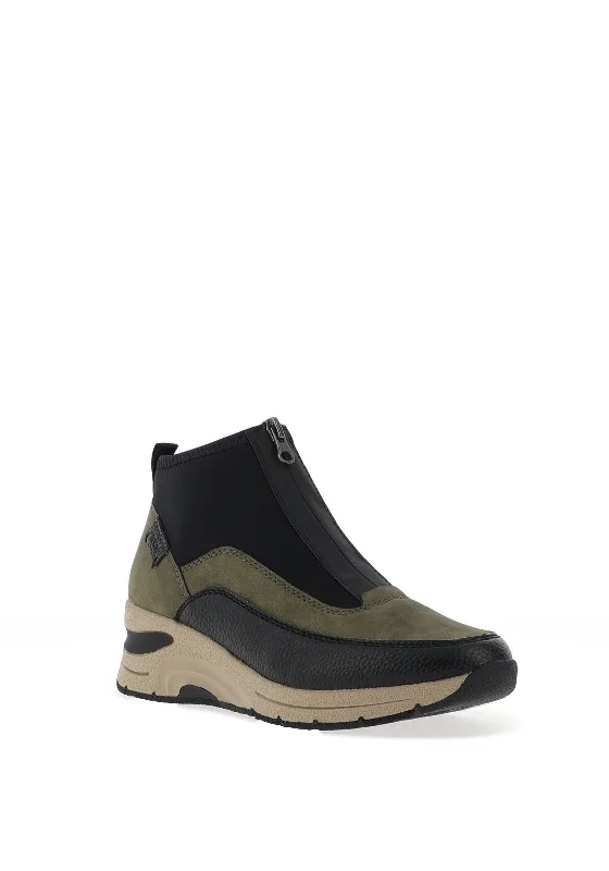 Rieker Zip Front Wedge Trainers, Khaki Green and Black