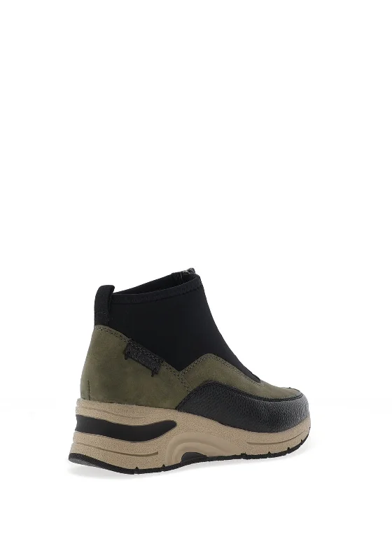 Rieker Zip Front Wedge Trainers, Khaki Green and Black