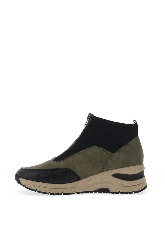 Rieker Zip Front Wedge Trainers, Khaki Green and Black