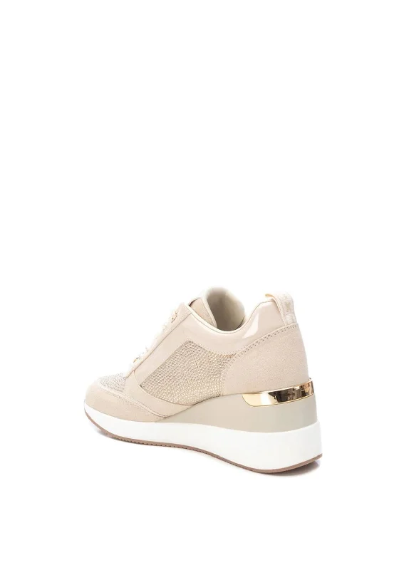 Xti Zip Detail Embellished Wedge Trainers, Beige