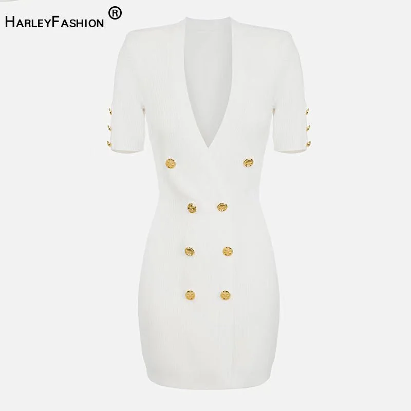 HARLEYFASHION Sheath Deep V Double Breasted Mini Dress