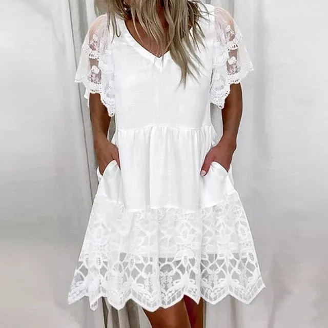 UNIBLU Lovely White Lace Pocket Cotton Blend Mini Dress